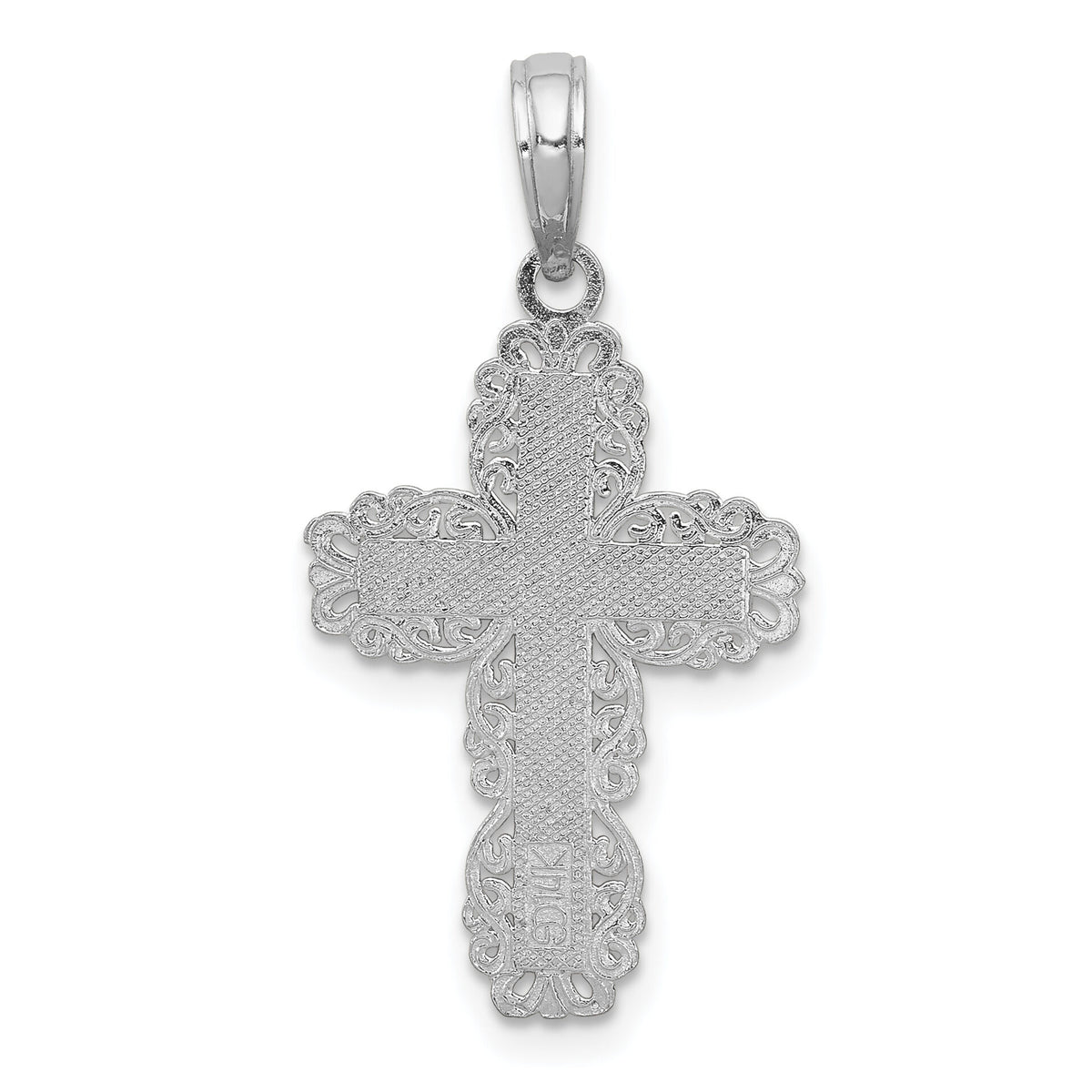 14K White Gold Textured w/ Lace Trim Cross Charm-K8431W