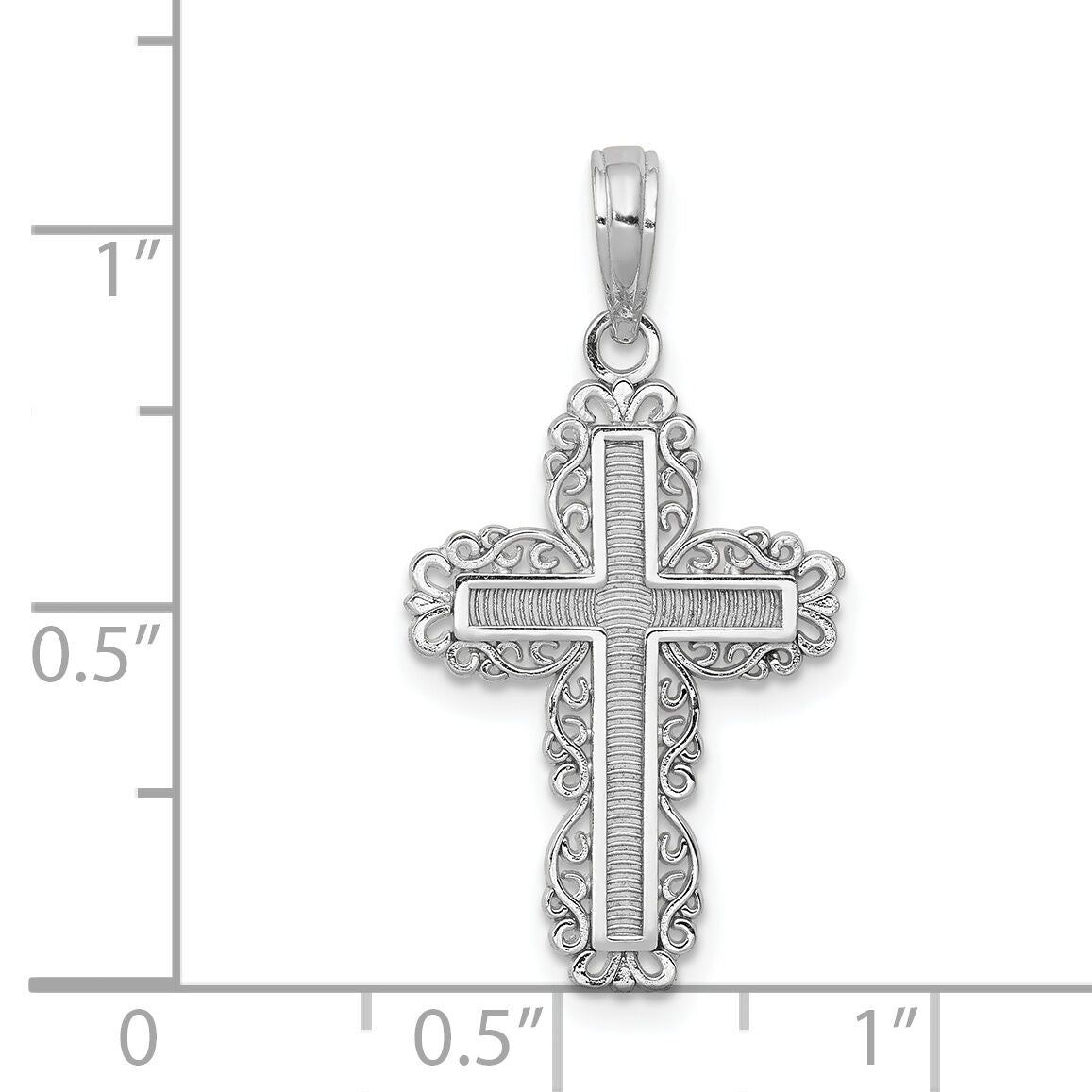 14K White Gold Textured w/ Lace Trim Cross Charm-K8431W