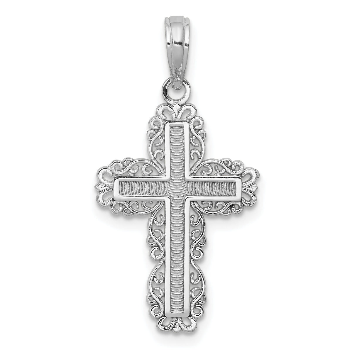 14K White Gold Textured w/ Lace Trim Cross Charm-K8431W