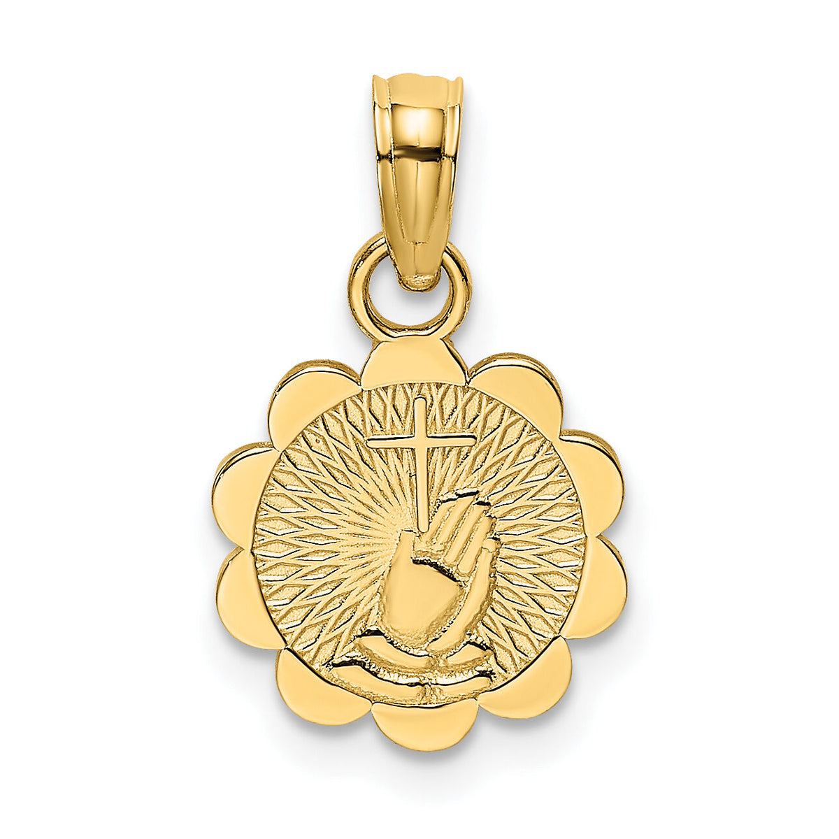 14K Praying Hands and Cross On Scalloped Round Disk Charm-K8436