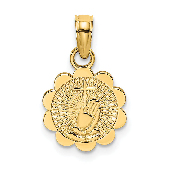 14K Praying Hands and Cross On Scalloped Round Disk Charm-K8436
