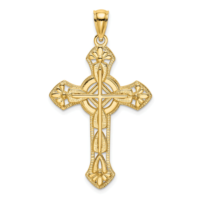 14K Cut-Out Floral Cross Pendant-K8473