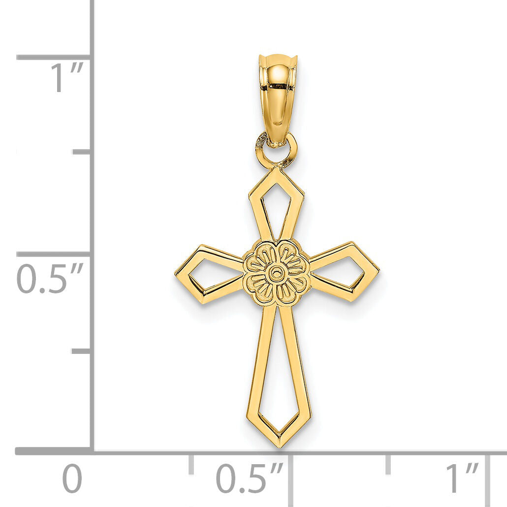14K Cut-Out and Flat Cross W/ Flower Charm-K8488