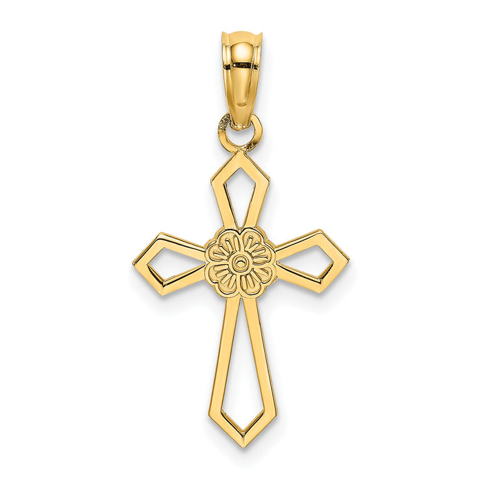 14K Cut-Out and Flat Cross W/ Flower Charm-K8488