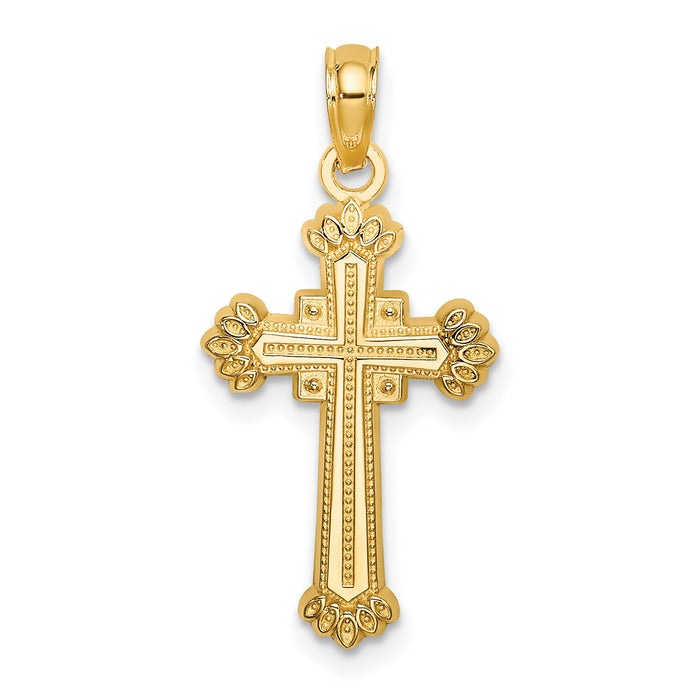 14K Textured Leaves On Edges Cross Charm-K8556