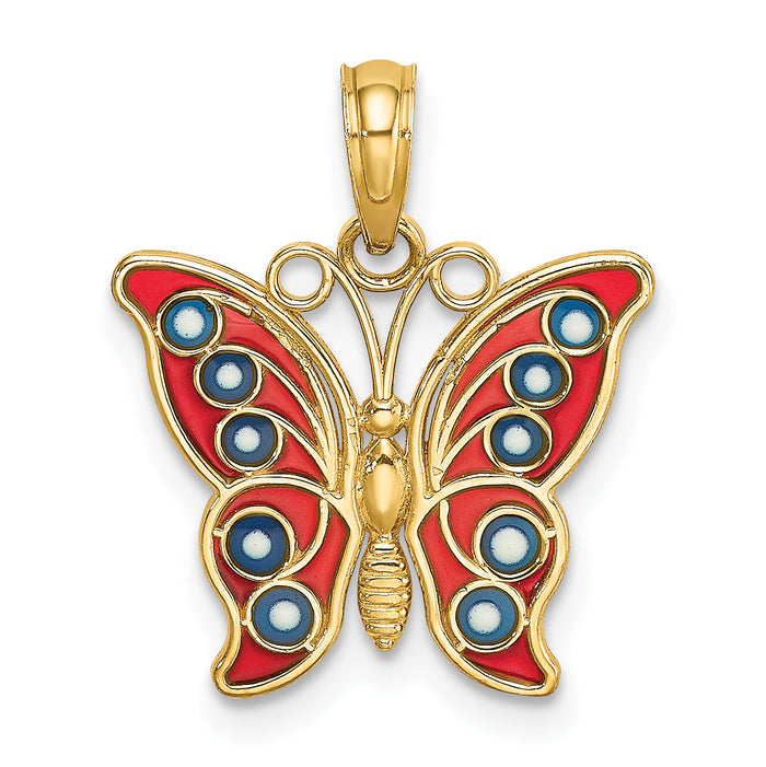 14K w/ Red and Blue Enamel Filigree Butterfly Charm-K8615