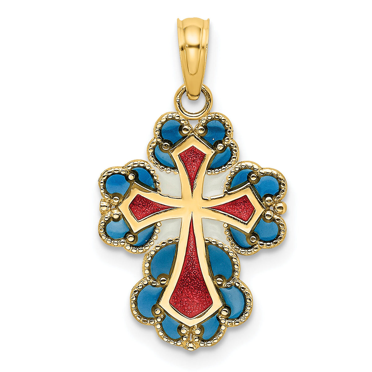 14K Blue, White and Red Enameled w/ Lace Trim Cross Charm-K8628