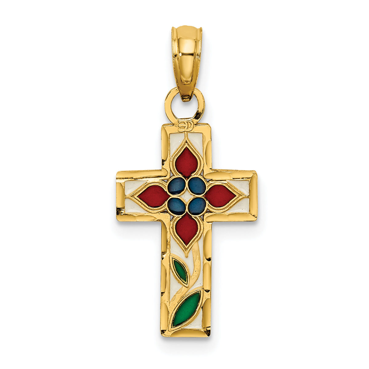 14K Enameled W/ Flower Cross Charm-K8629
