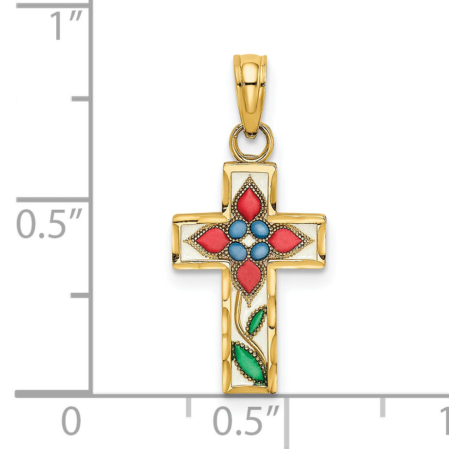 14K Enameled W/ Flower Cross Charm-K8629
