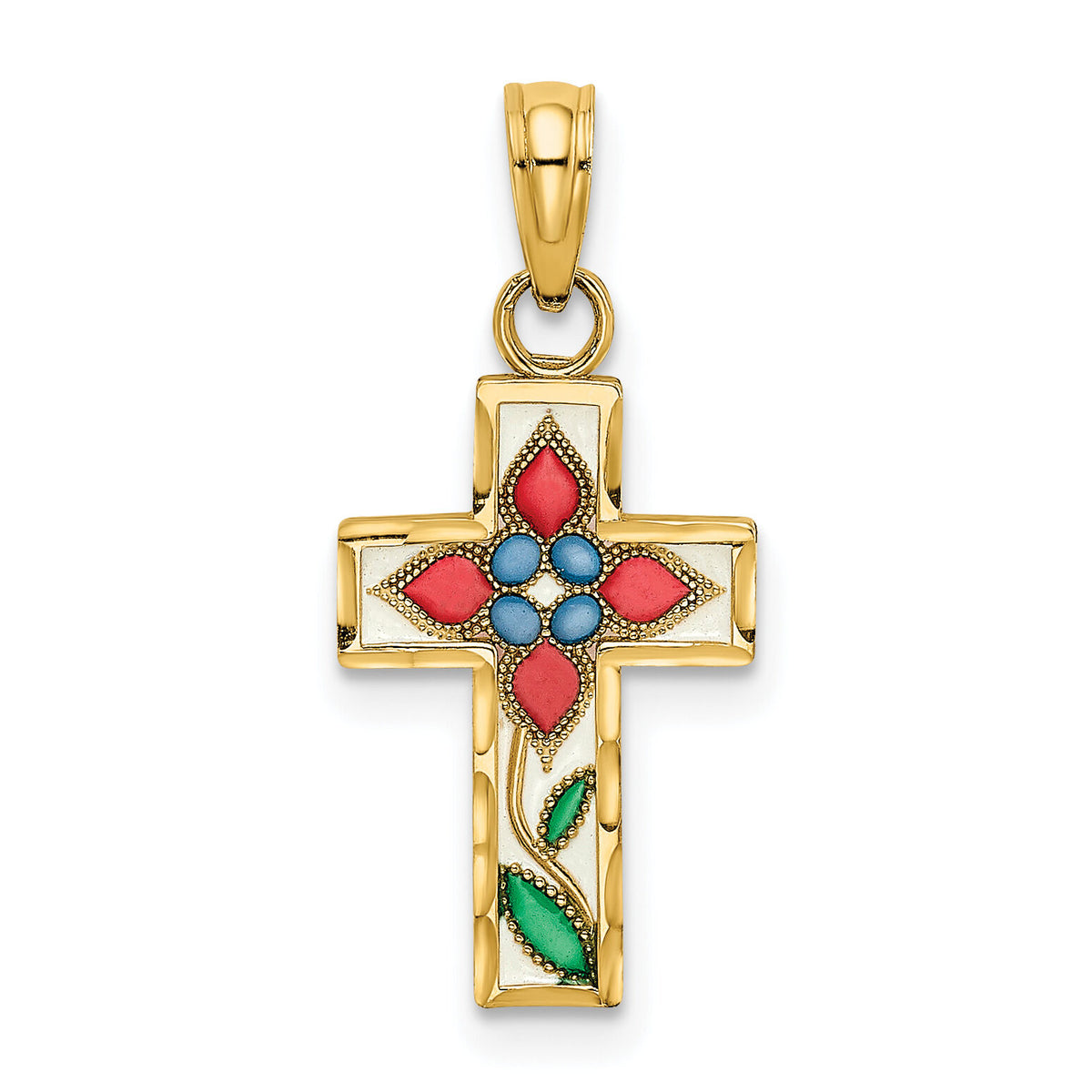 14K Enameled W/ Flower Cross Charm-K8629