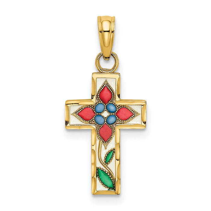 14K Enameled W/ Flower Cross Charm-K8629