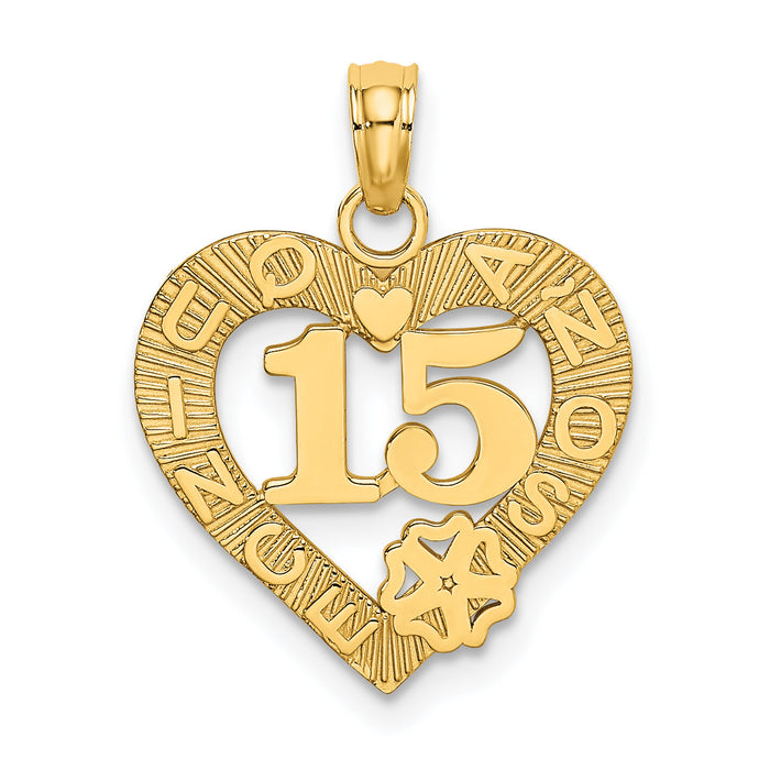14K QUINCE ANOS 15 in Heart Charm-K8852