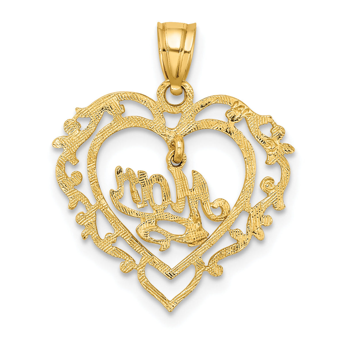 14K Polished MOM Dangle in Fancy Heart Pendant-K8855