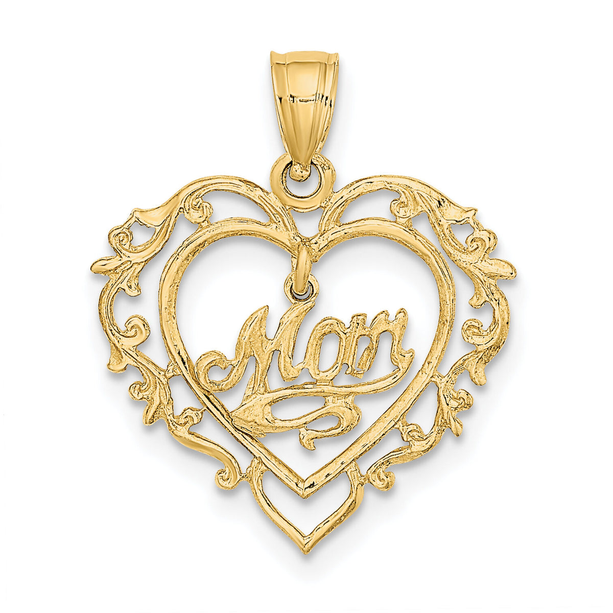 14K Polished MOM Dangle in Fancy Heart Pendant-K8855