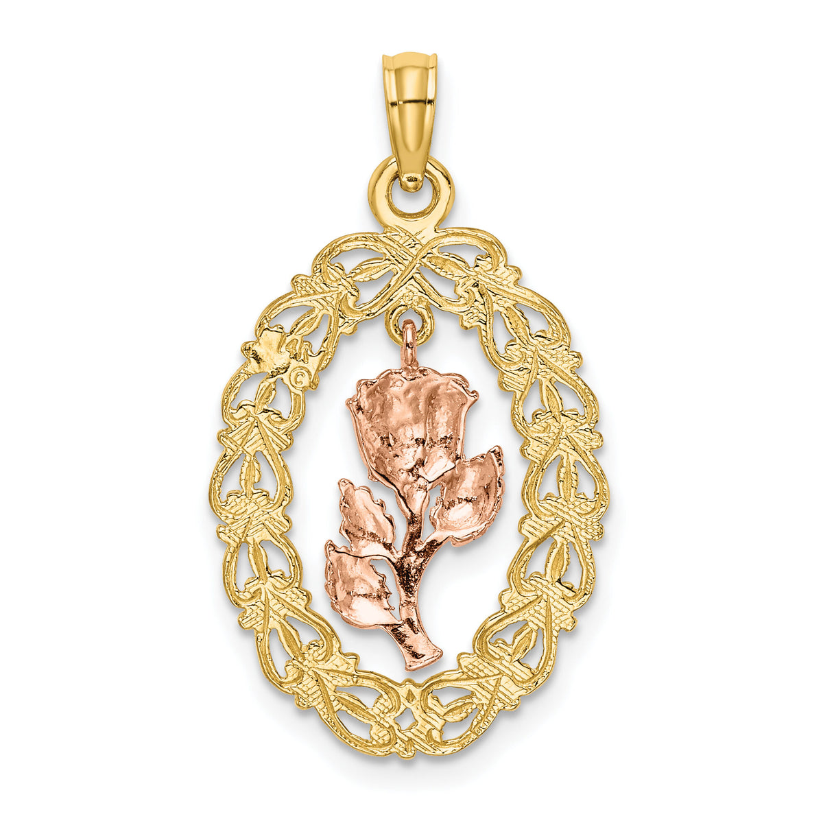 14k Two-Tone Textured Oval Frame Dangling Rose Charm-K8958