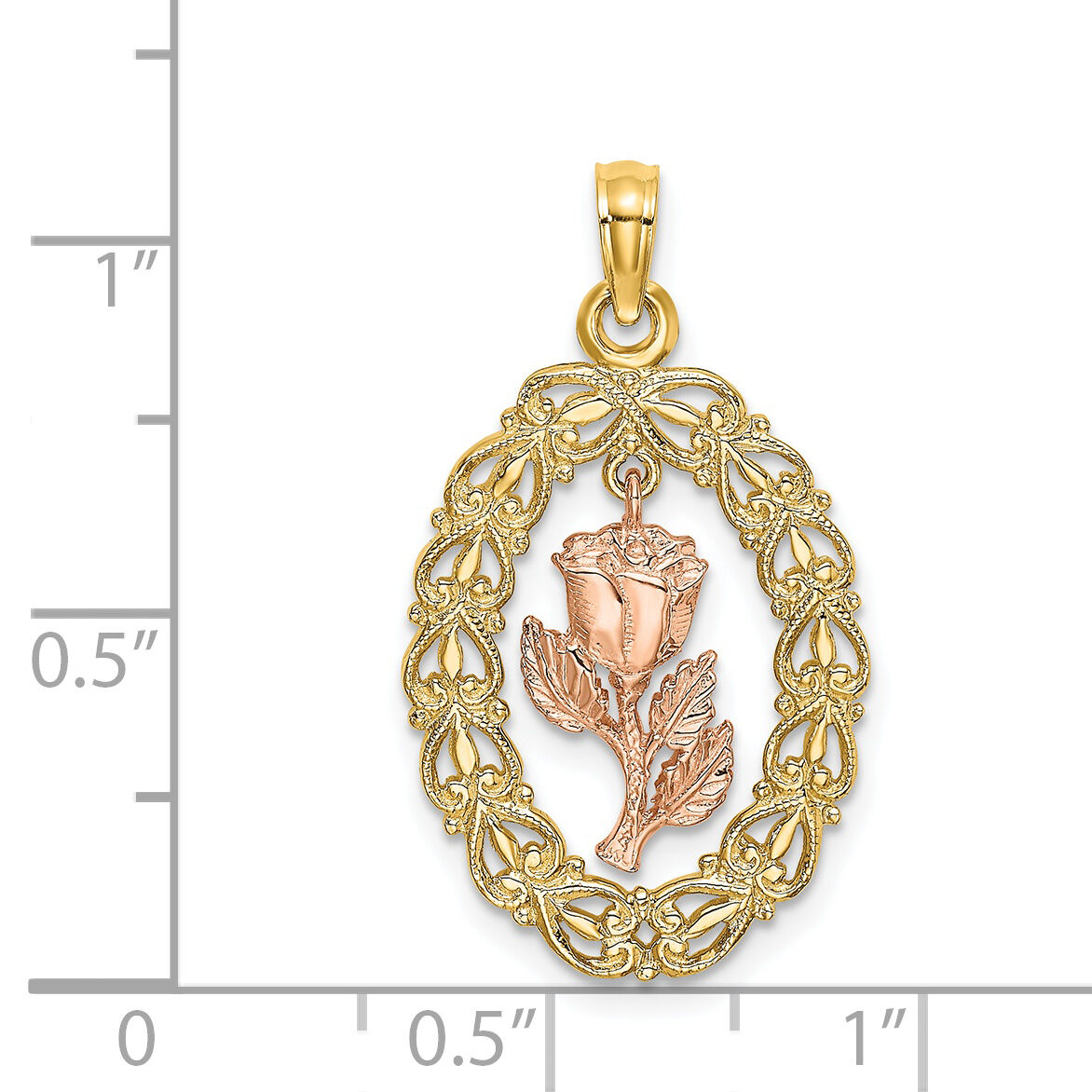 14k Two-Tone Textured Oval Frame Dangling Rose Charm-K8958