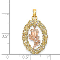 14k Two-Tone Textured Oval Frame Dangling Rose Charm-K8958