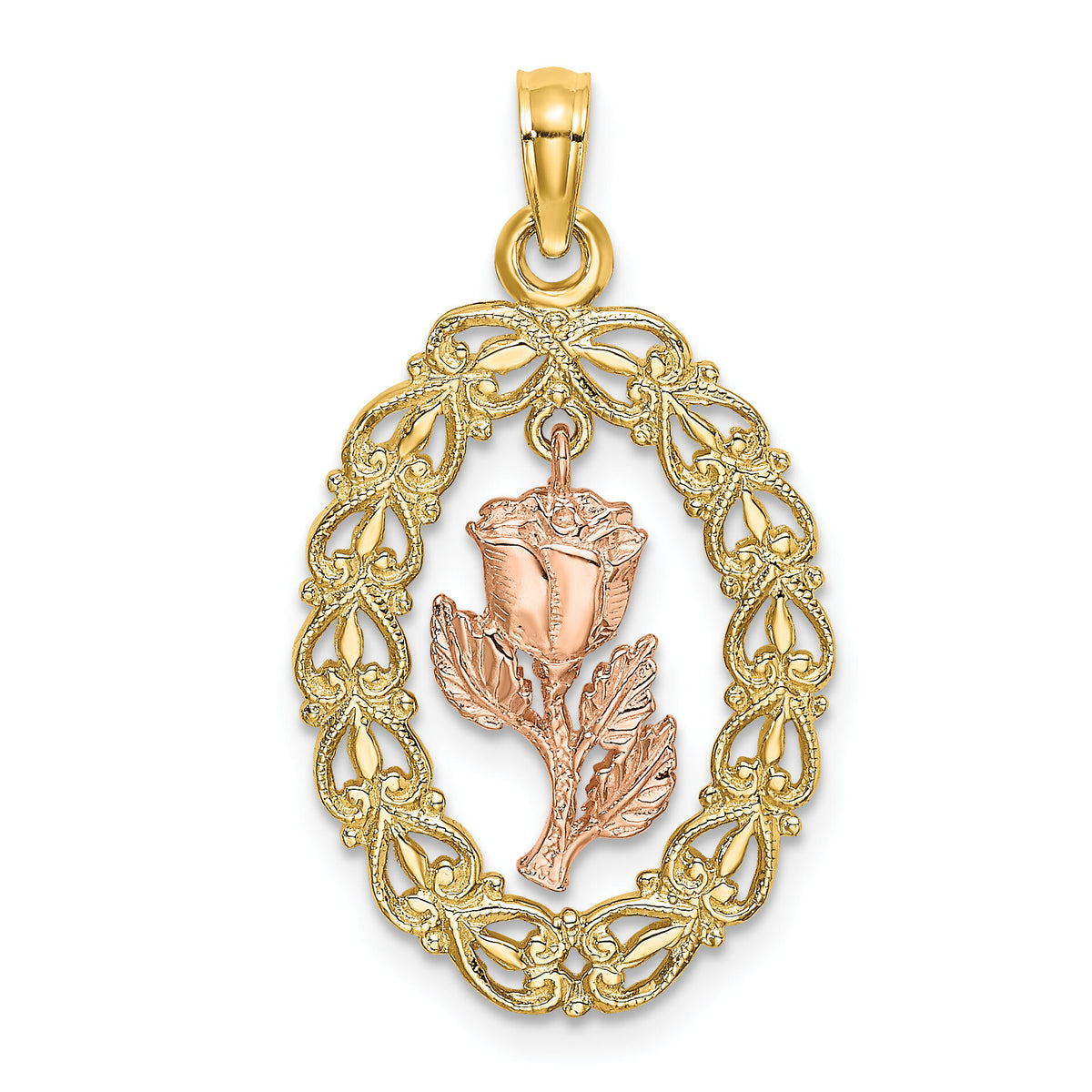 14k Two-Tone Textured Oval Frame Dangling Rose Charm-K8958