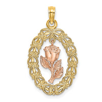 14k Two-Tone Textured Oval Frame Dangling Rose Charm-K8958