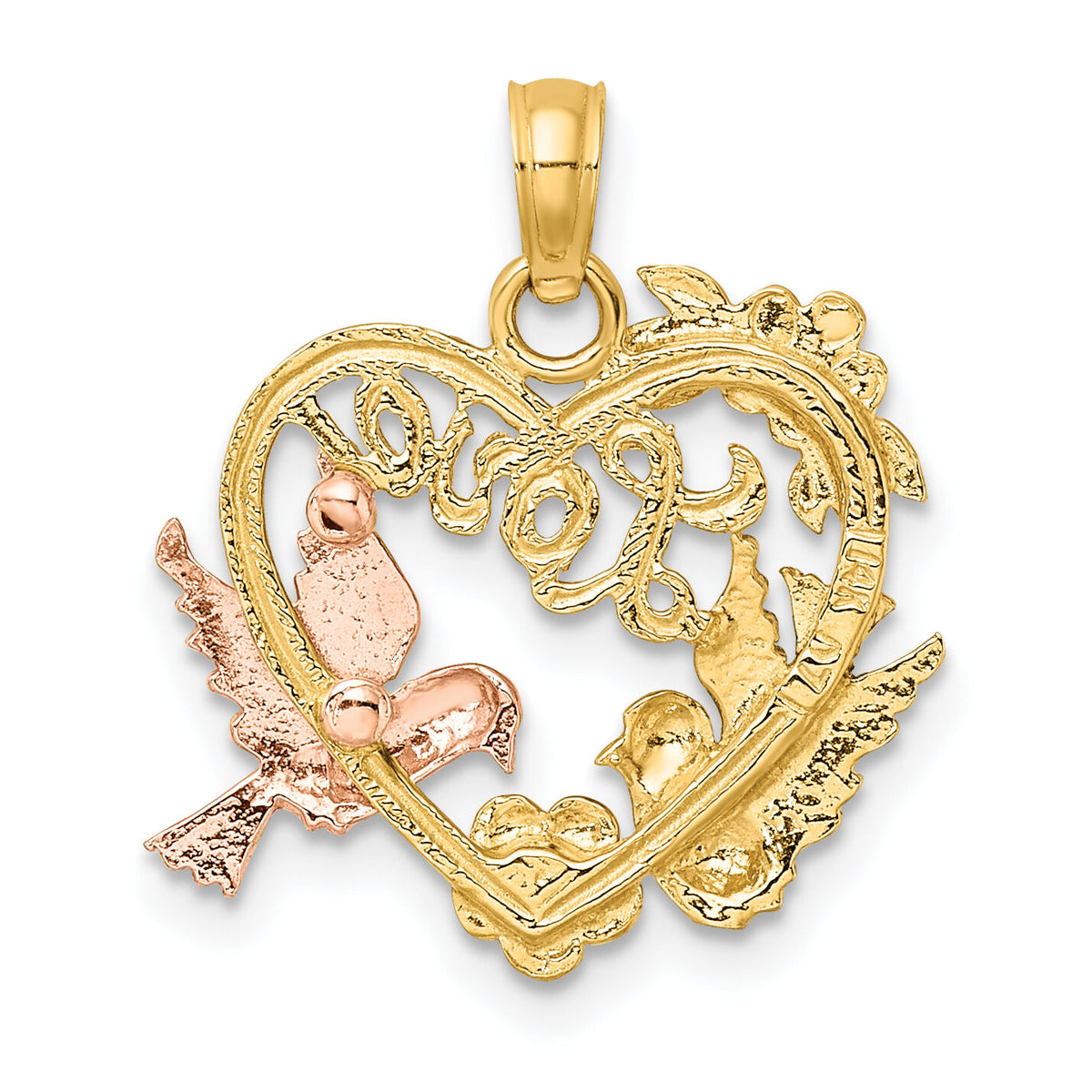 14k Yellow and Rose Gold w/Rhodium LOVE w/Doves Heart Charm-K8964