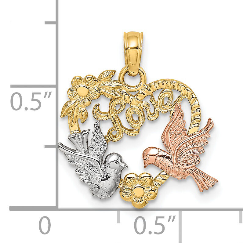 14k Yellow and Rose Gold w/Rhodium LOVE w/Doves Heart Charm-K8964