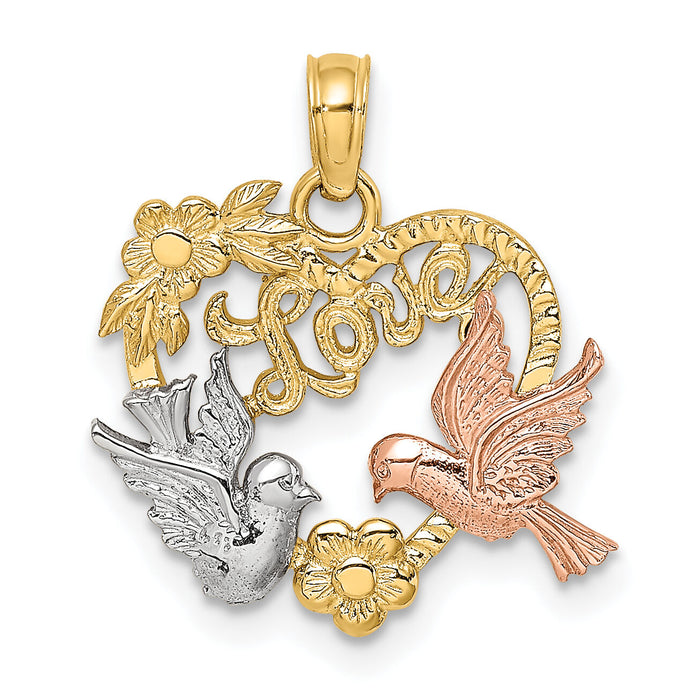 14k Yellow and Rose Gold w/Rhodium LOVE w/Doves Heart Charm-K8964