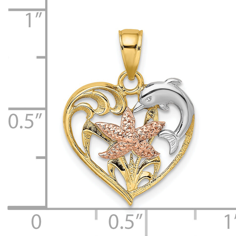 14K Two-tone w/White Rhodium Dolphin and Starfish In Heart Charm-K8975