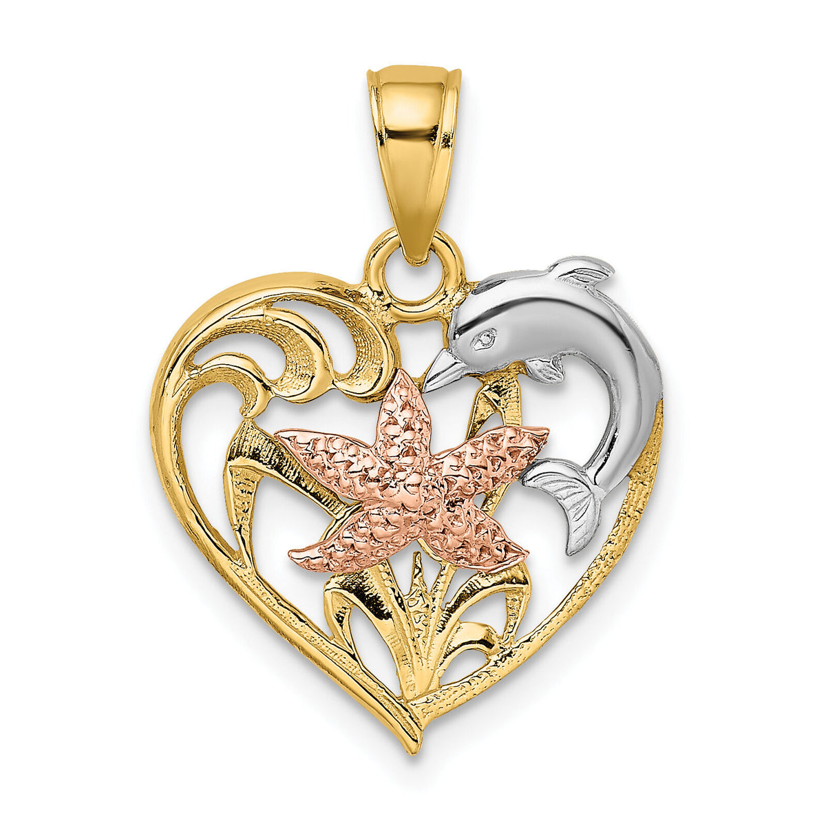 14K Two-tone w/White Rhodium Dolphin and Starfish In Heart Charm-K8975