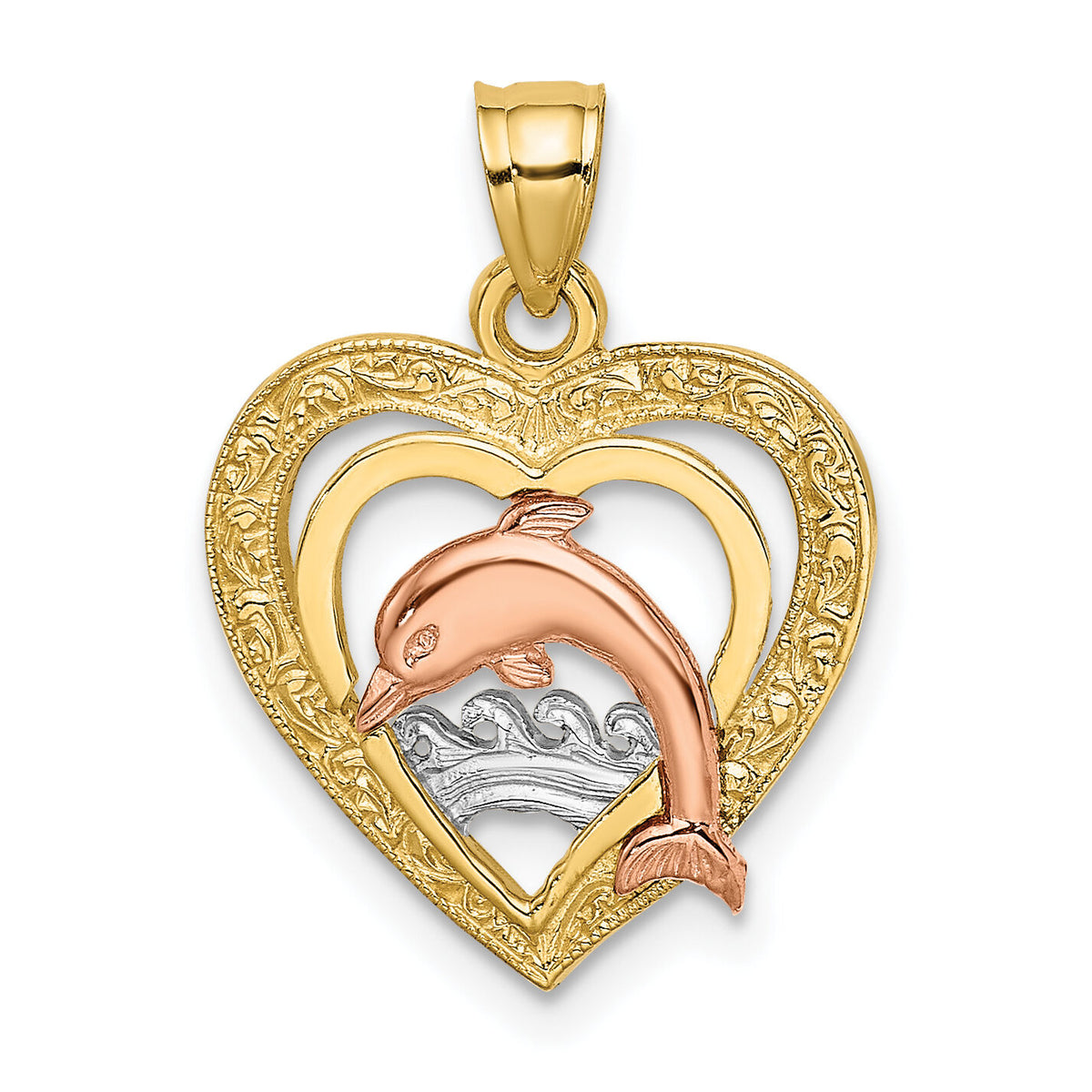 14K Two-tone w/White Rhodium Dolphin In Heart Charm-K8976