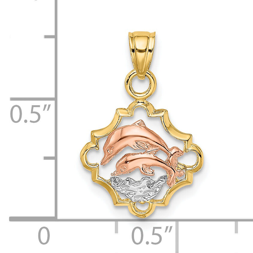 14k Two-tone with White Rhodium Double Dolphins In Frame Charm-K8977