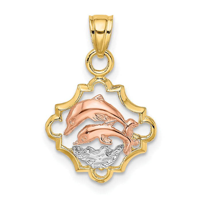 14k Two-tone with White Rhodium Double Dolphins In Frame Charm-K8977