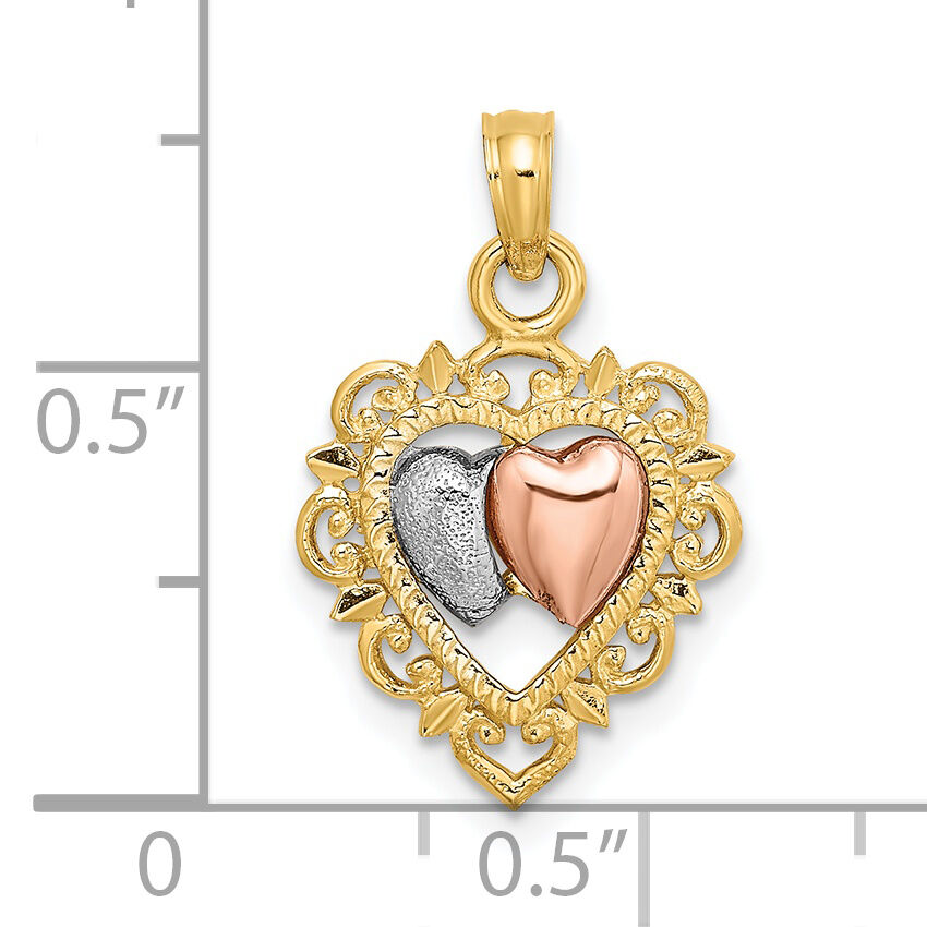 14k Yellow and Rose Gold w/White Rhodium Textured Hearts Charm-K8983