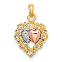 14k Yellow and Rose Gold w/White Rhodium Textured Hearts Charm-K8983