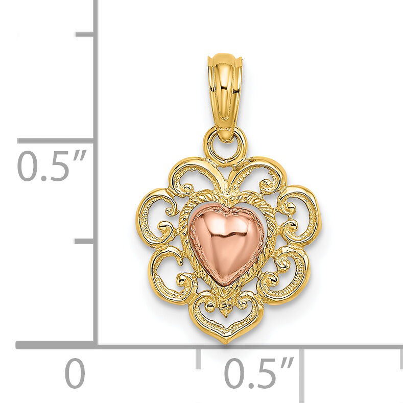 14k Yellow and Rose Polished and Textured Heart Charm-K8986
