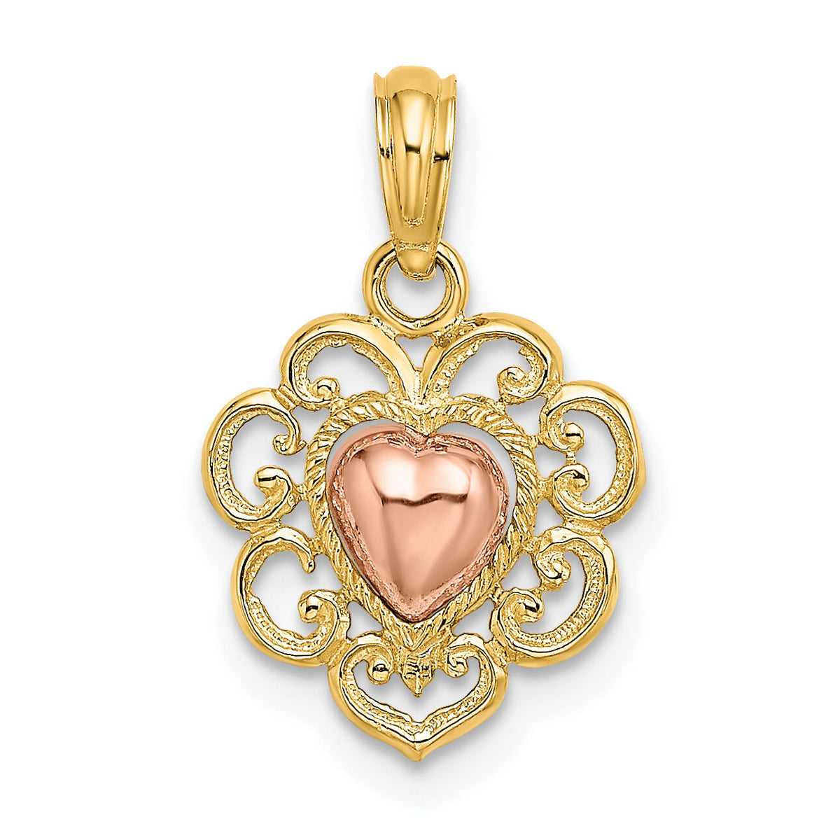 14k Yellow and Rose Polished and Textured Heart Charm-K8986