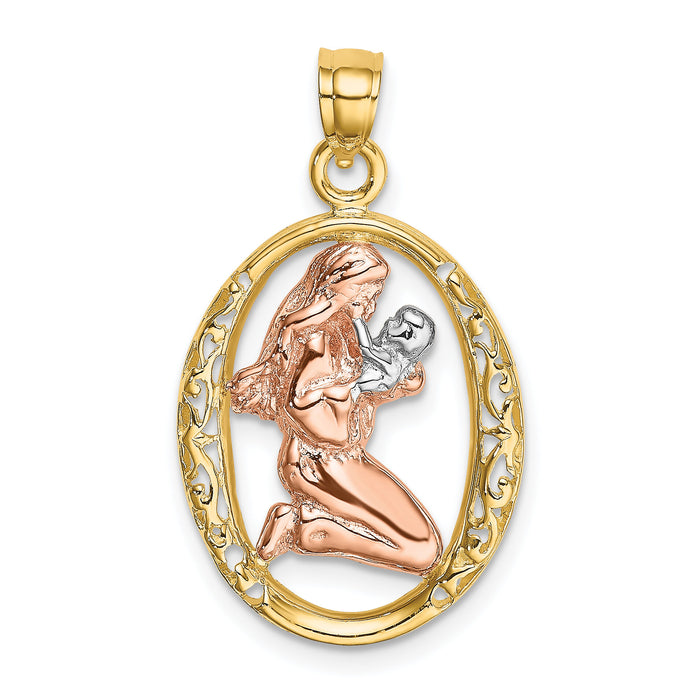 14k Two-tone WIth White Rhodium Mother and Baby In Oval Frame Charm-K8989