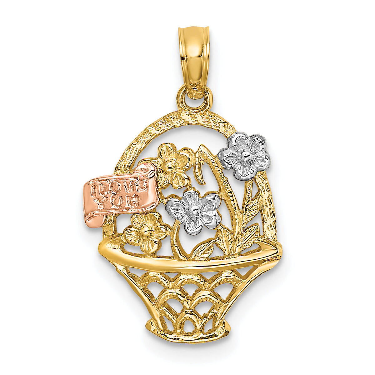 14k Two-Tone w/White Rhodium Flower Basket w/I LOVE YOU Charm-K8992