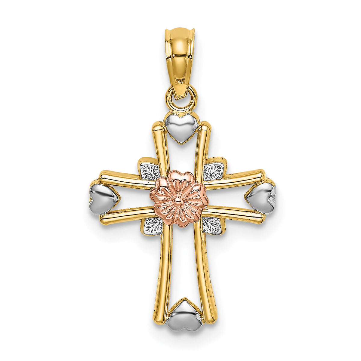 14K Two-tone w/White Rhodium Cross w/Flower and Heart Charm-K8996