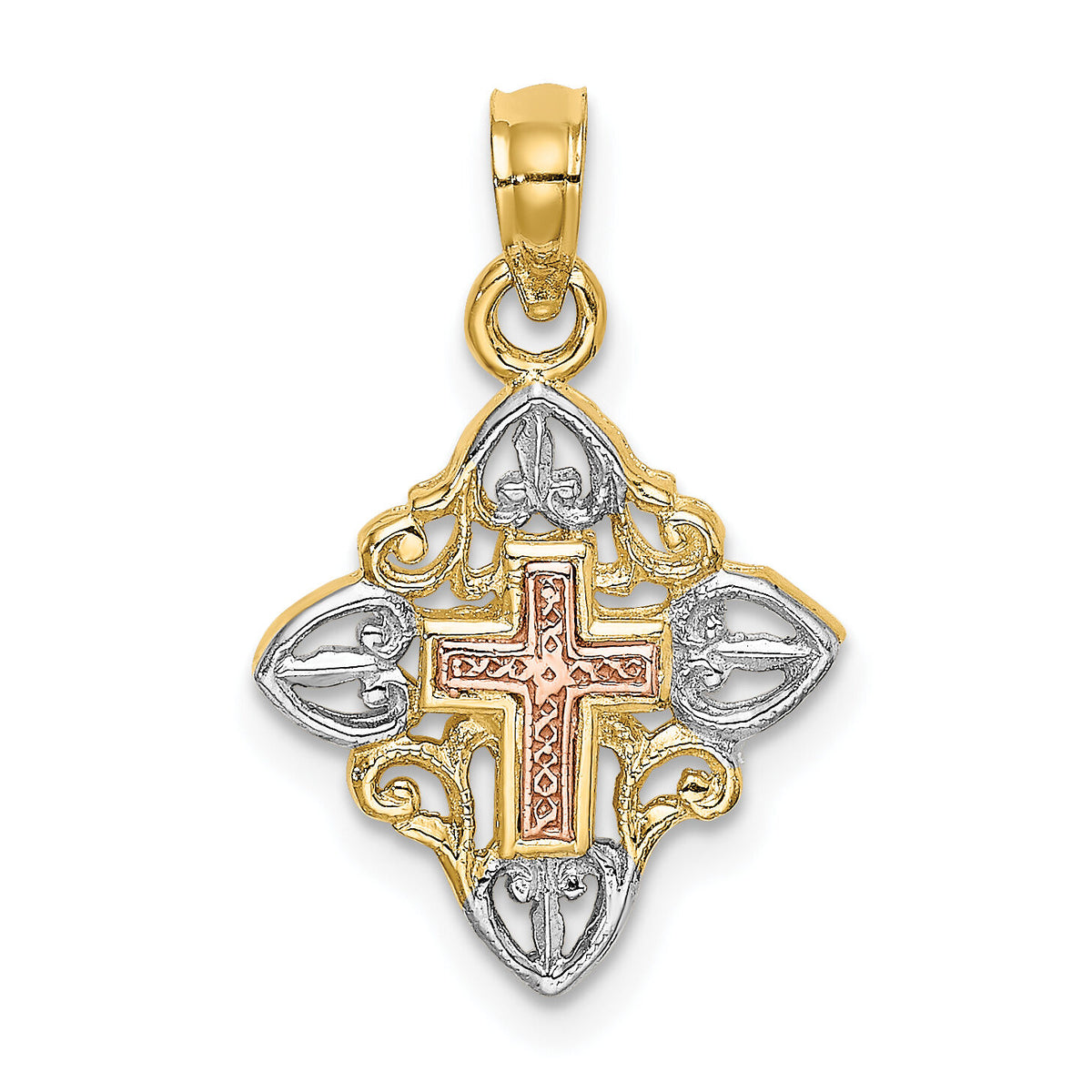 14K Two-tone w/White Rhodium Cross Inside Frame Charm-K8997
