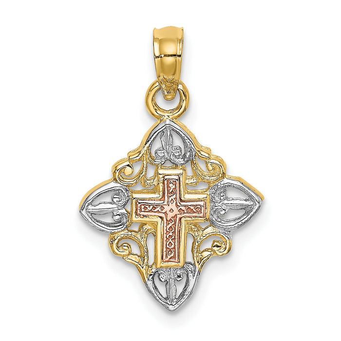 14K Two-tone w/White Rhodium Cross Inside Frame Charm-K8997