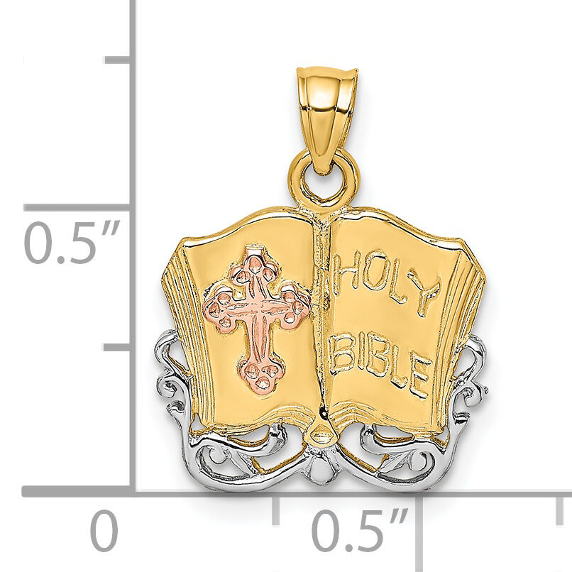 14K Two-tone w/White Rhodium Holy Bible w/Cross Charm-K8998