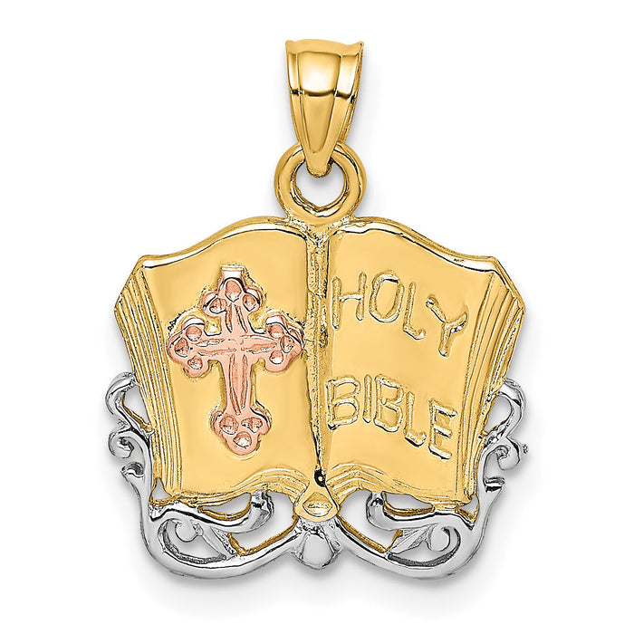 14K Two-tone w/White Rhodium Holy Bible w/Cross Charm-K8998
