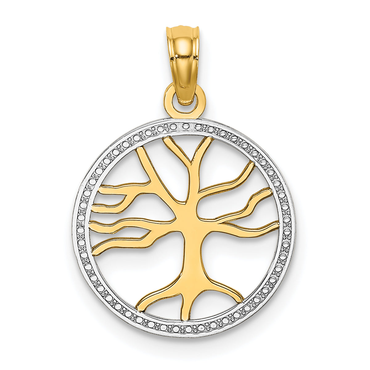 14k w/Rhodium Tree of Life in Round Frame Charm-K9018