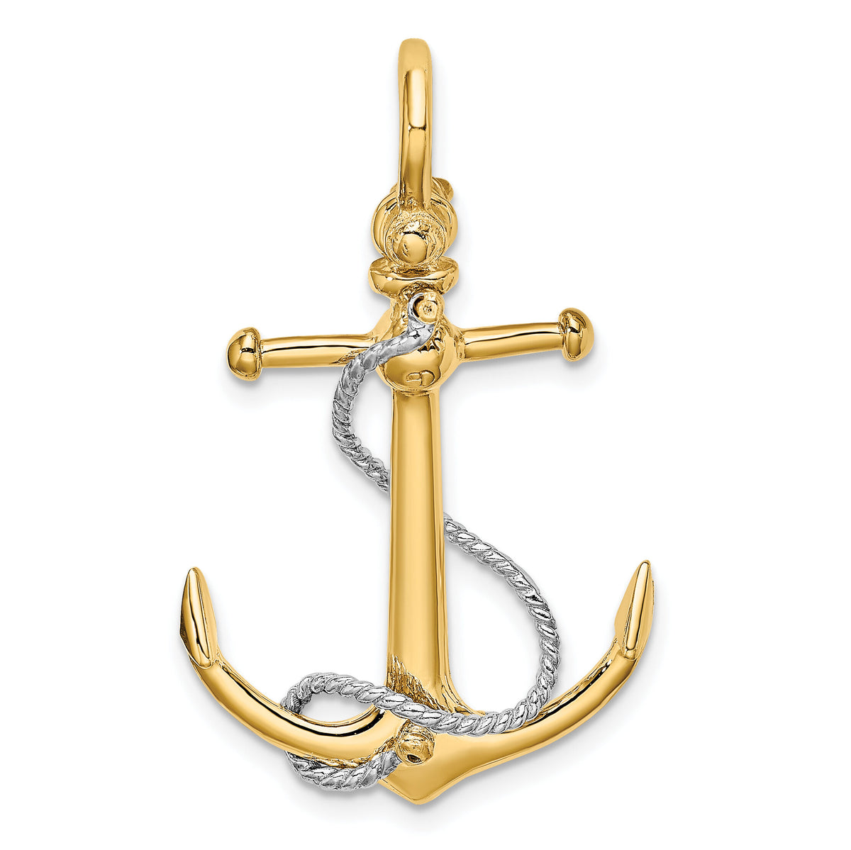 14K Two-tone 3-D Anchor w/T Bar and Rope w/Shackle Bail Charm-K9025