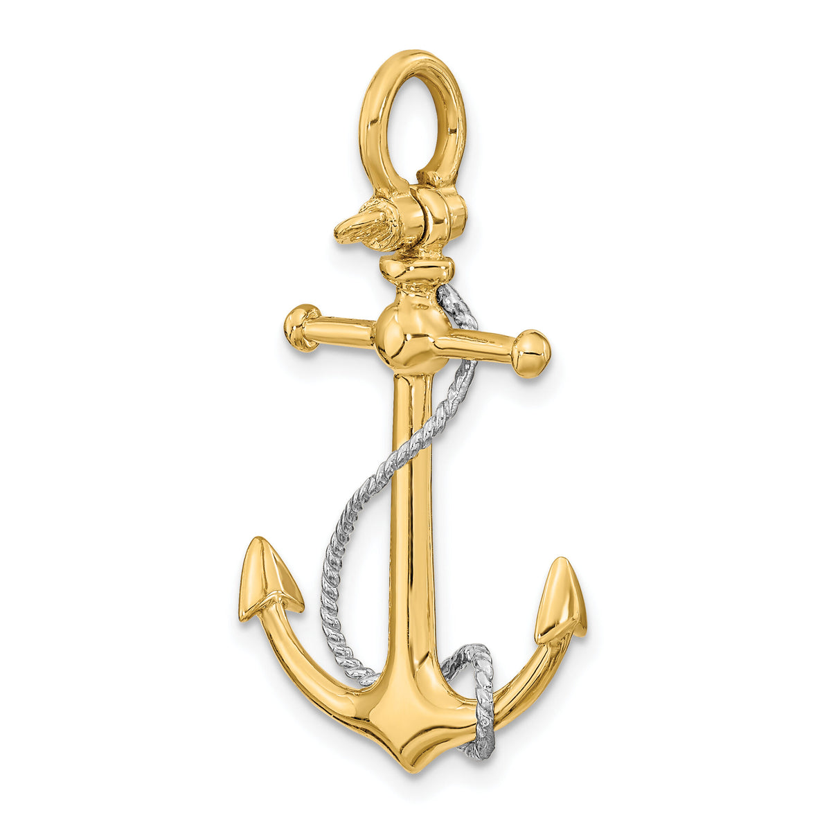 14K Two-tone 3-D Anchor w/T Bar and Rope w/Shackle Bail Charm-K9025