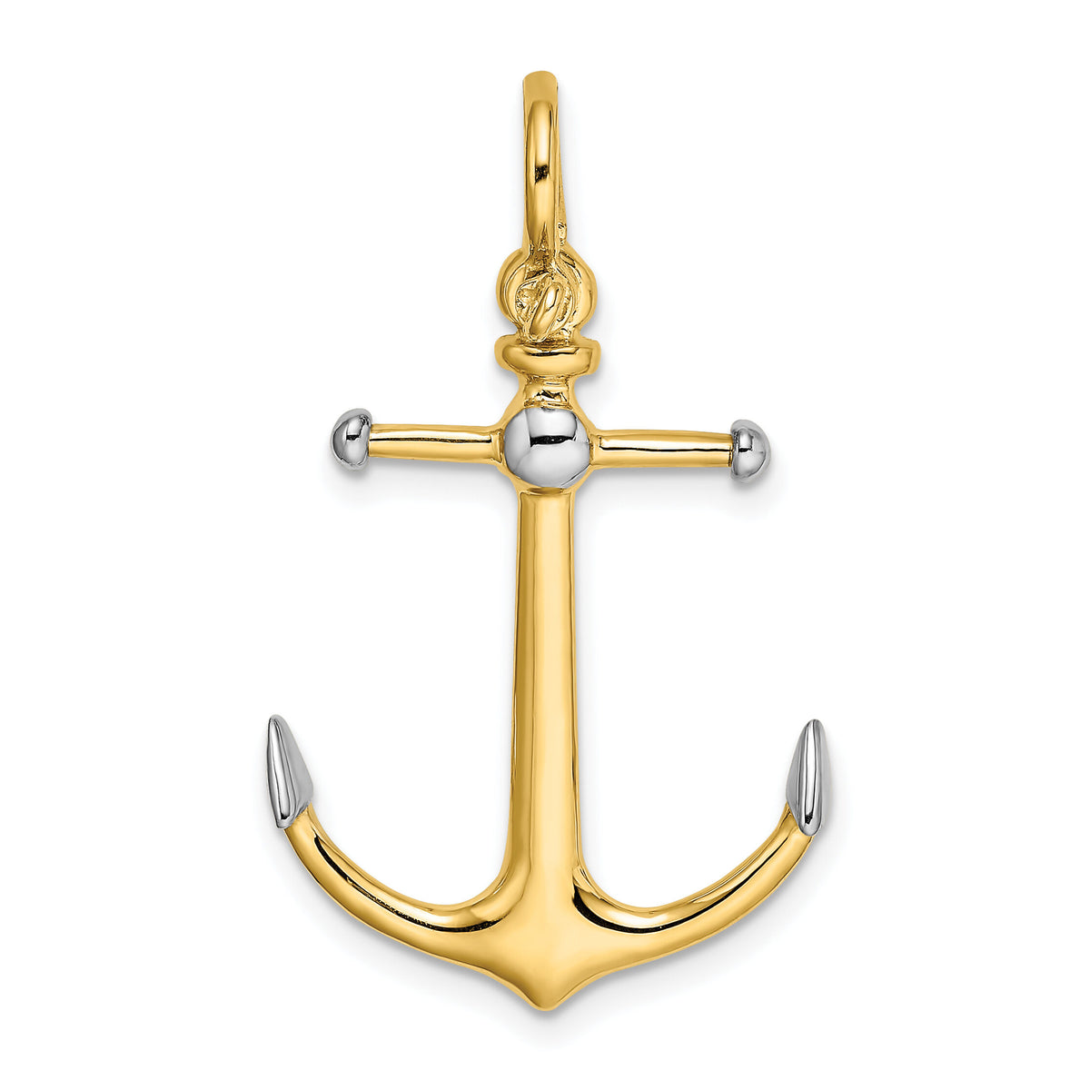 14K w/Rhodium 3-D Anchor w/Long T Bar and Shackle Bail Charm-K9026