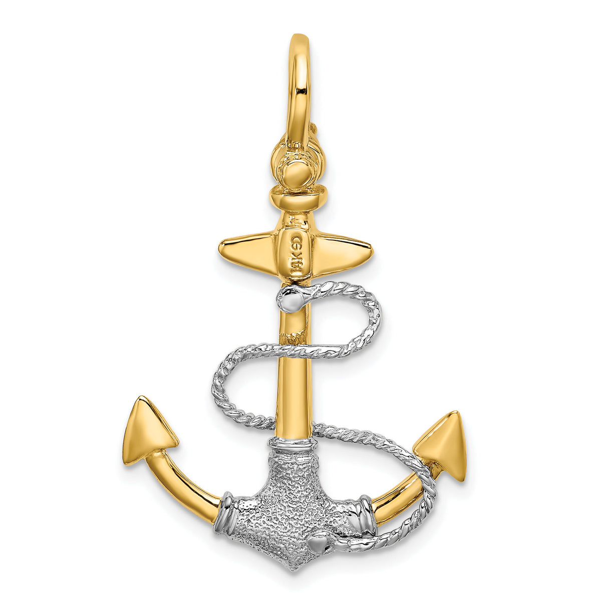 14K Two-tone 3-D Textured Anchor w/Rope w/Shackle Bail Charm-K9027