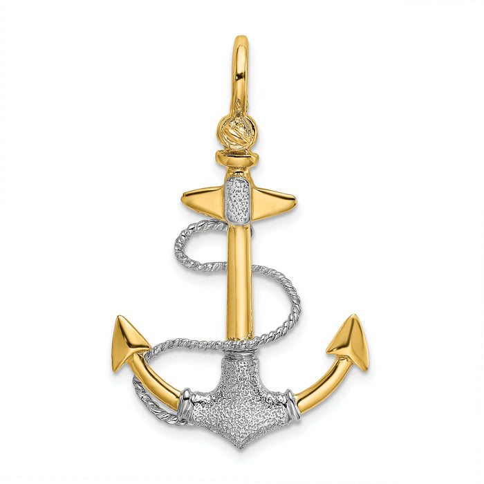 14K Two-tone 3-D Textured Anchor w/Rope w/Shackle Bail Charm-K9027