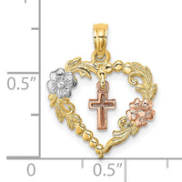 14K Two-tone w/White Rhodium Heart w/Cross and Flowers Charm-K9040