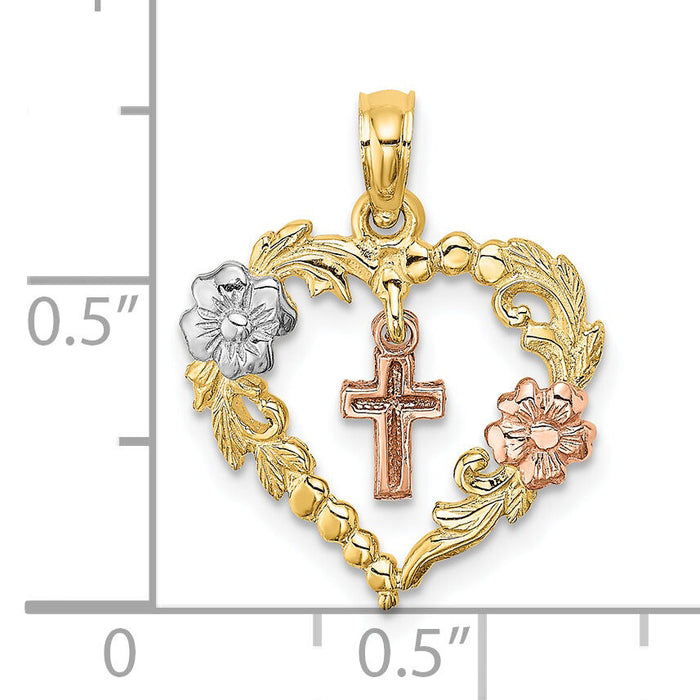 14K Two-tone w/White Rhodium Heart w/Cross and Flowers Charm-K9040